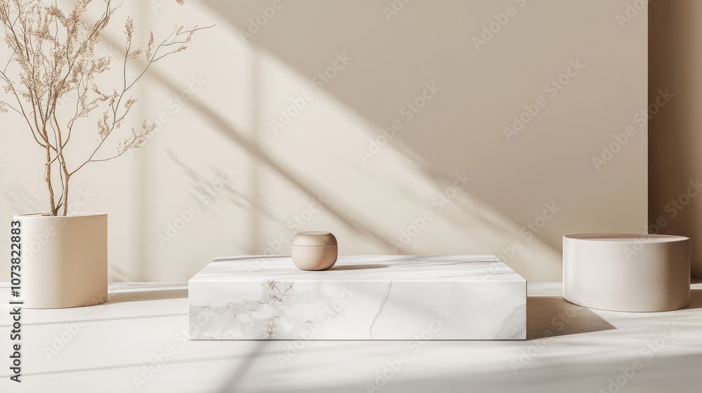 Poster empty white marble pedestal on a soft beige background minimalist boxes and geometric shapes create 
