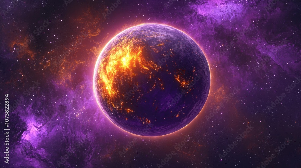 Poster a round purple planet featuring a molten core at its center floats in space surrounded by a star sph