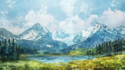 Alpine landscape artwork in mixed media style