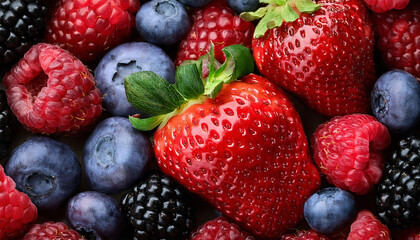 Obraz premium Abstract berries background with multiple fruits. Healthy eating, diet. Vegan lifestyle