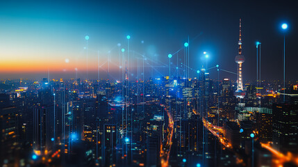 Fototapeta premium mart digital Innovation city Business skyscrapers in the Financial District with connection network reciprocity over the cityscape. of future smart wireless digital city and social media networking