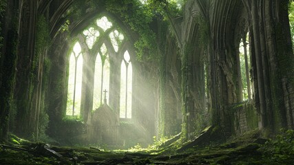 Serene Decay: Enigmatic Abandoned Church in Forest with Mossy Stone Walls and Broken Stained Glass - Ultra-Detailed Photo Capturing Forgotten Spirituality