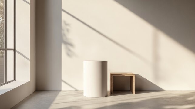 White cylindrical product display in a neutral room studio setup for minimalistic product presentation 3D rendering