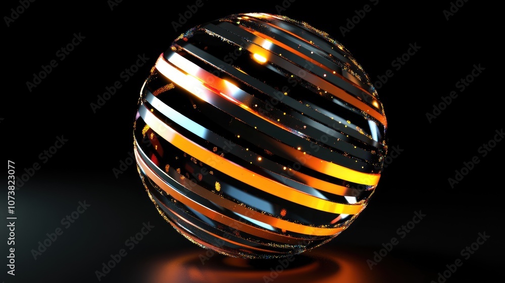Aufkleber abstract sphere featuring stripes and sparkling effects isolated on a black background 3d rendering 