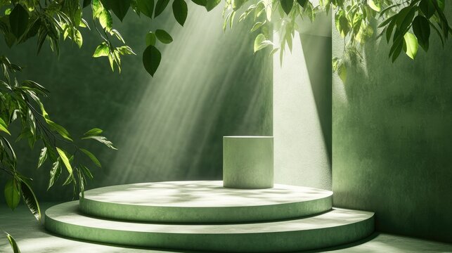 3D rendering of an abstract green background featuring an empty stage with steps and a cylindrical podium accented by leaf shadows and bright sunlight streaming through a square window Minimalist 