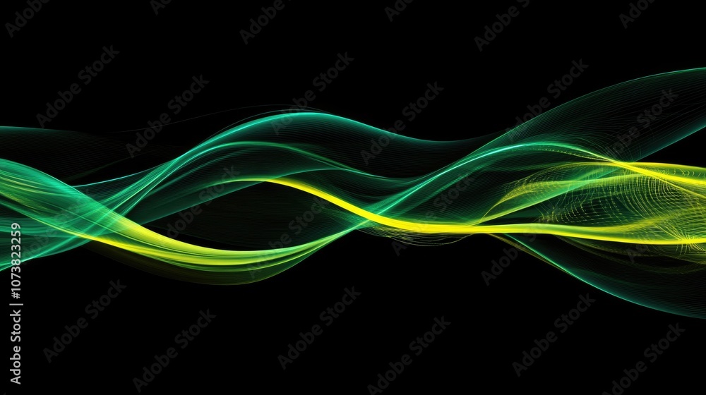 Poster abstract composition of green and yellow lines on a black background featuring fractal elements suit