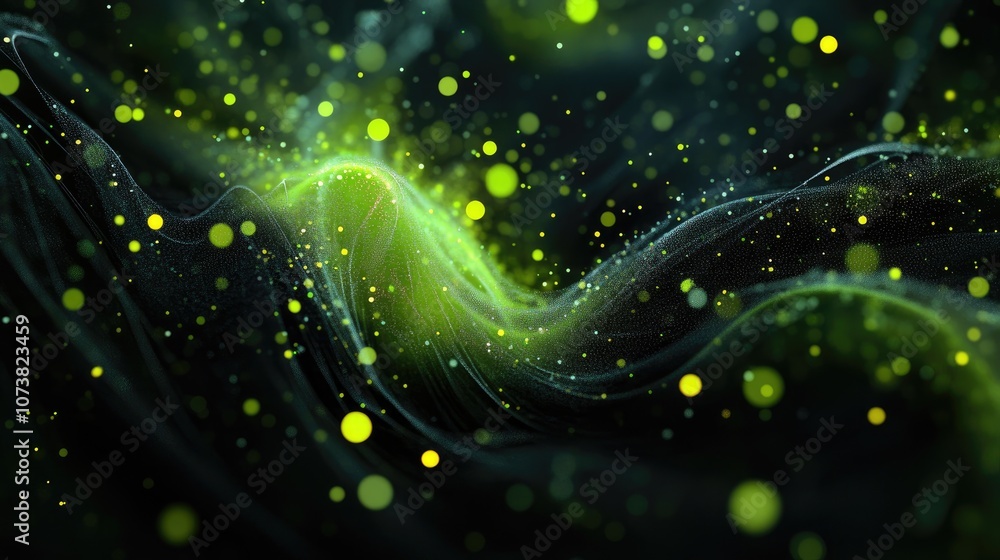 Poster abstract green sparkles on a black background in a 3d cartoon rendering fantasy fractal texture digi