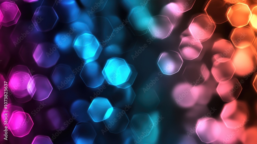 Poster abstract background featuring black hexagon bokeh with a gradient blending blue purple red and orang