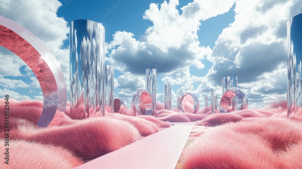 Poster podium set against a backdrop of abstract mirrored shapes and objects surreal terrain featuring pink