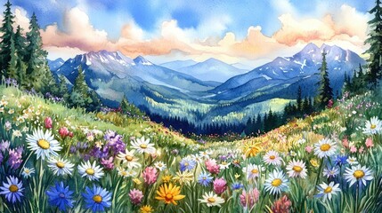 Obraz premium Hand painted watercolor artwork depicting a mountain meadow The landscape features blooming wildflowers daisies lush grass pine trees a valley distant mountains and a vibrant sky