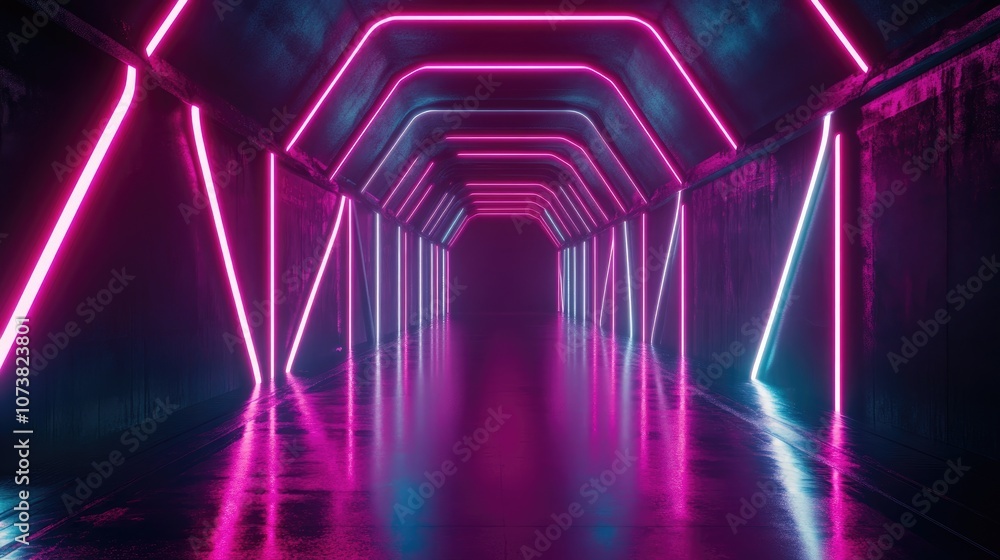 Poster neon glowing lines in a dark tunnel with reflections on the floor and ceiling an empty central backg
