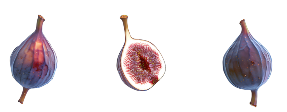 Isolated closeup of fresh red and blue liquid drops with figs sliced and whole, showcasing juicy, ripe tropical fruit details on a clean white background