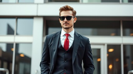 Fototapeta premium Sleek and modern young professional dressed in tailored suit and tie, male, attire, groomed