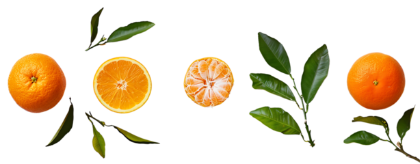 Bright and fresh illustration of an orange branch with leaves, flowers, and juicy orange slices, highlighting the vibrant citrus fruit on a clean white background