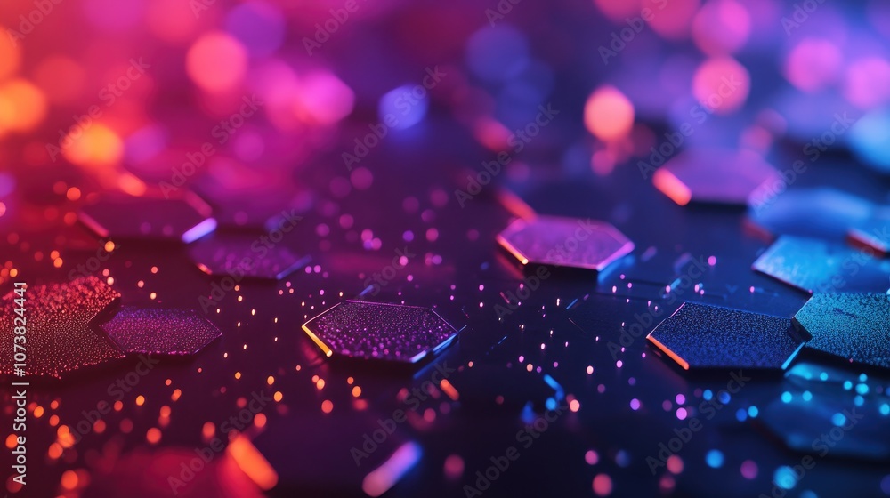 Aufkleber abstract background featuring black hexagon bokeh with a gradient blending blue purple red and orang