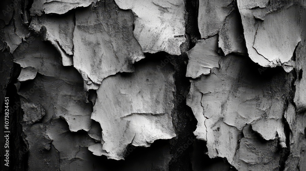 Poster close-up black and white photo of the bark of a pine tree with a rough texture and a natural pattern