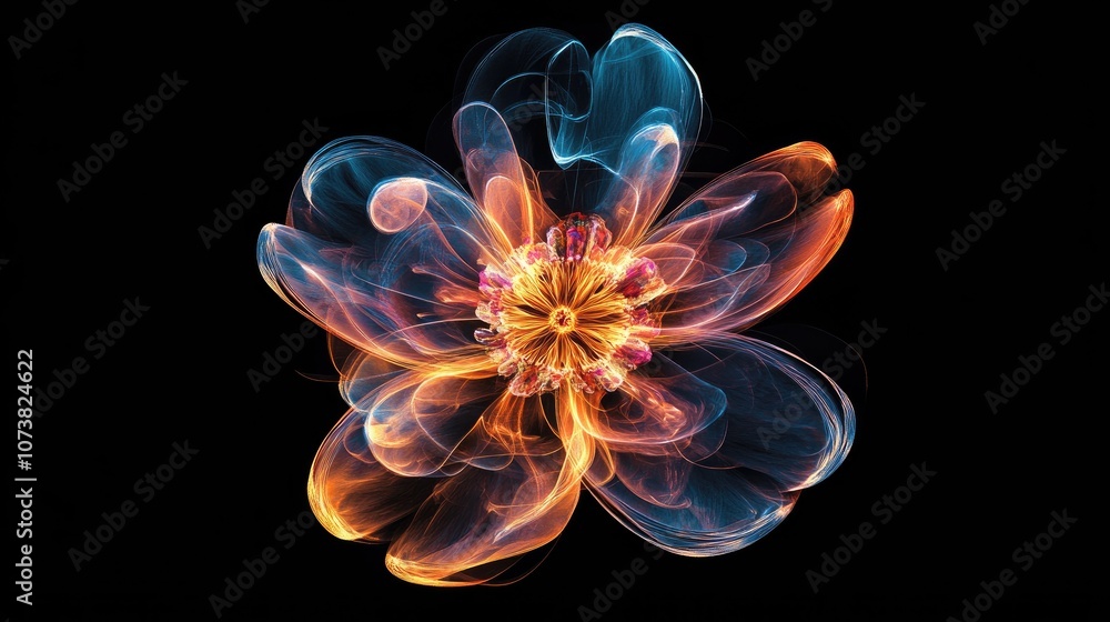 Poster abstract illustration of a computer generated flower with diverse shapes and colors set against a bl