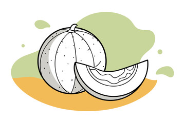 Minimalist Line Drawing of Cantaloupe with Slice – Vector Art Illustration