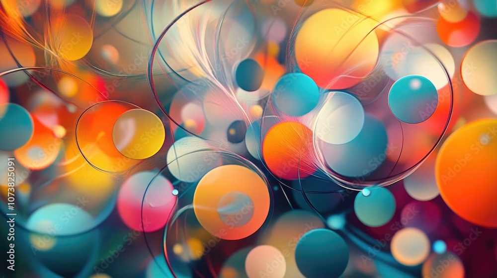 Poster abstract digitally created chaotic background featuring a vibrant array of circles and curved lines 