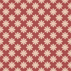 Vector seamless pattern in retro vintage style. Simple geometric floral ornament. Red and beige abstract background texture with bold flower silhouettes, sun, repeat tiles. Decorative geo design