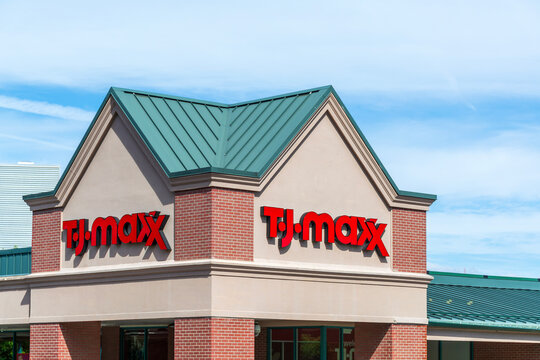 Exterior view of a T.J. Maxx store on Harvard Avenue, on September 28, 2024,  Brookline, Massachusetts, USA