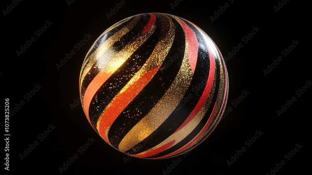Poster abstract sphere featuring stripes and sparkling effects isolated on a black background 3d rendering 
