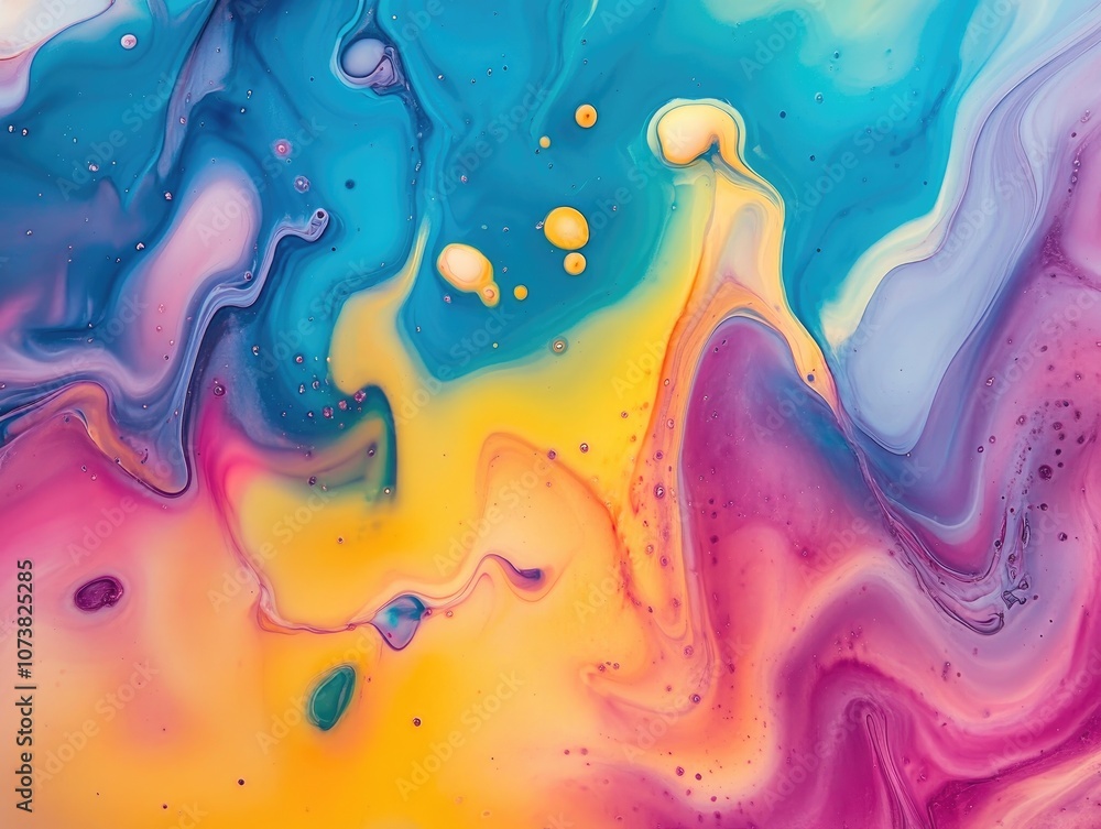 Poster psychedelic abstract image created by blending ink with milk featuring vibrant colors and dynamic pa
