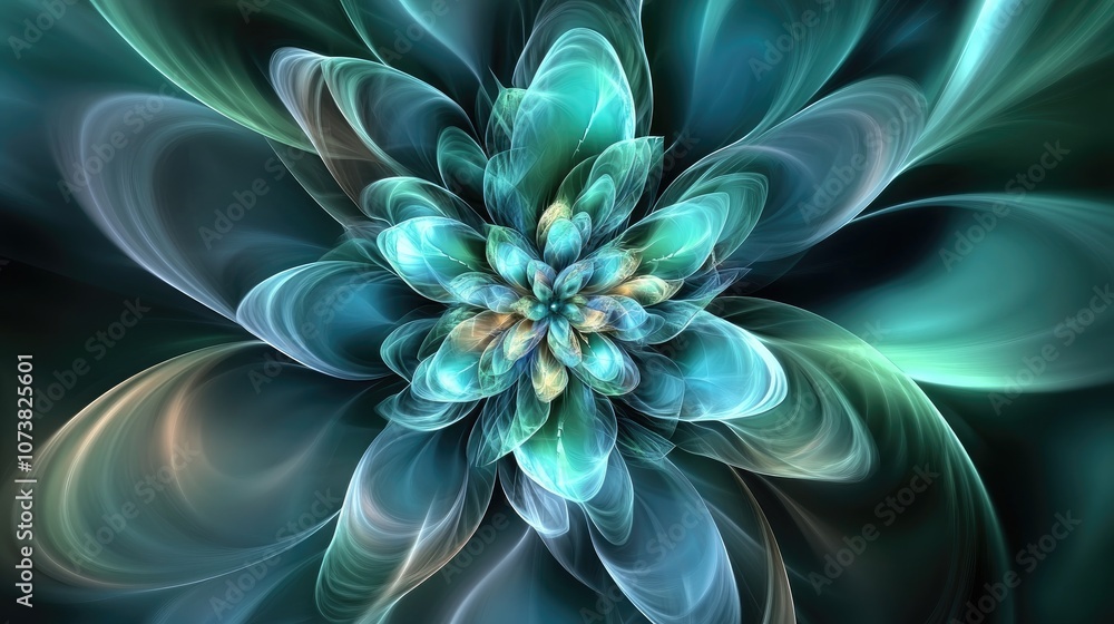 Poster fantasy abstract fractal flower design in green and blue tones created through computer generation