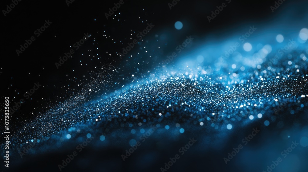 Poster abstract backdrop featuring blue dust particles and light distribution in a bokeh style against a bl