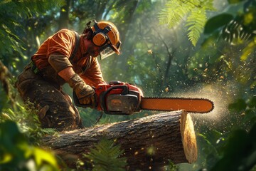 lumberjack skillfully operates a chainsaw to cut through a log, surrounded by lush forest greenery and flying sawdust