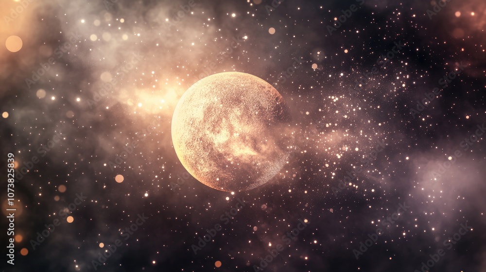 Poster fantasy abstract scene featuring a nebula and an imaginary moon against a dark backdrop with a blurr