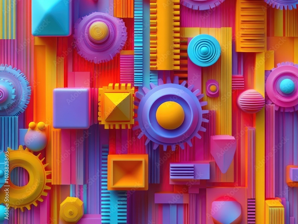 Poster abstract geometric background featuring shapes alongside gears including 3d cubes and spheres a vibr