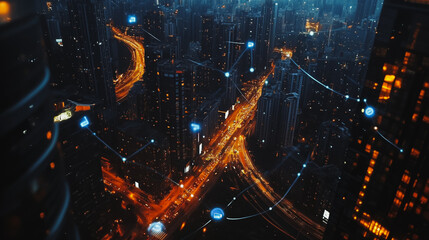 Fototapeta premium Smart digital Innovation city Business skyscrapers in the Financial District with connection network reciprocity over the cityscape. of future smart wireless digital city and social media networking