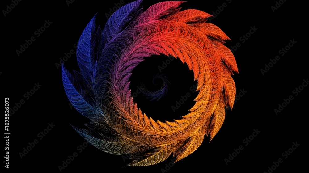 Poster abstract multicolored spiral leaf design element featuring fractal graphics on a black background