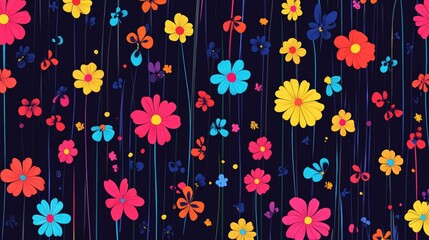 Colorful 2D cartoon flower pattern with vibrant stripes on a black background