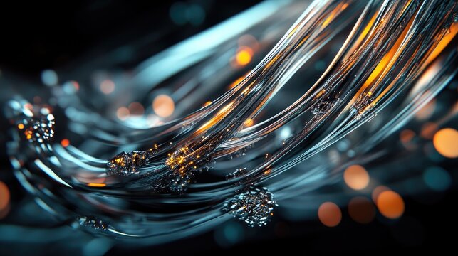 Vibrant abstract wires on a dark background Optical cables create a modern tech atmosphere embodying elements of futuristic design in a 3D rendered image