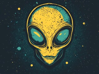 Cartoon alien head icon with a grunge texture Humanoid facial symbol Illustration of an extraterrestrial logo and sci fi character