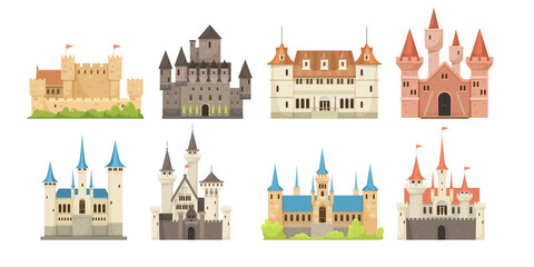A collection of different castle designs in a playful graphic style on a white background. Vector illustration