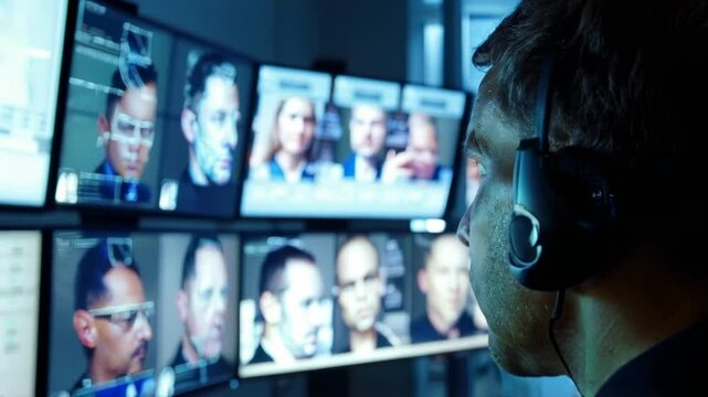 Security guard looks at screens of biometric identification system in dark room, facial recognition with AI technology. Concept of surveillance, id, person, monitor, camera. 