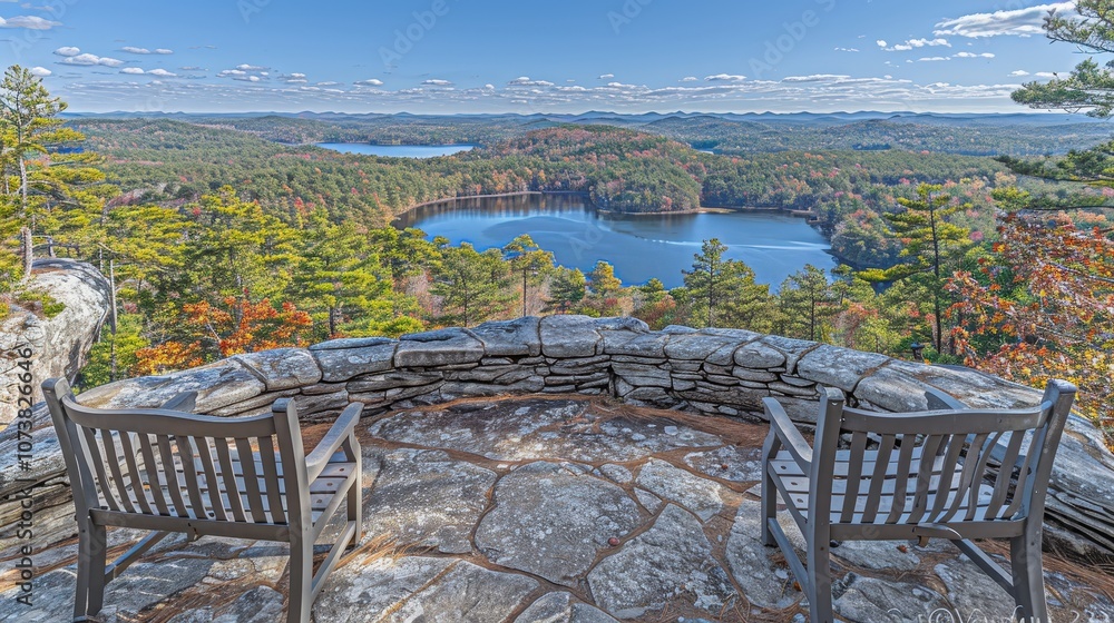 Aufkleber a view of a lake from a high vantage point with two chairs and a bench