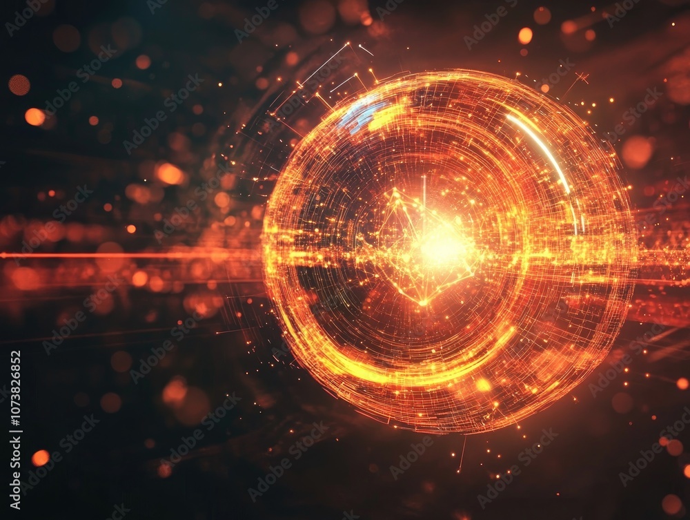 Poster futuristic abstract energy sphere featuring luminous particles creating a vibrant and dynamic scient