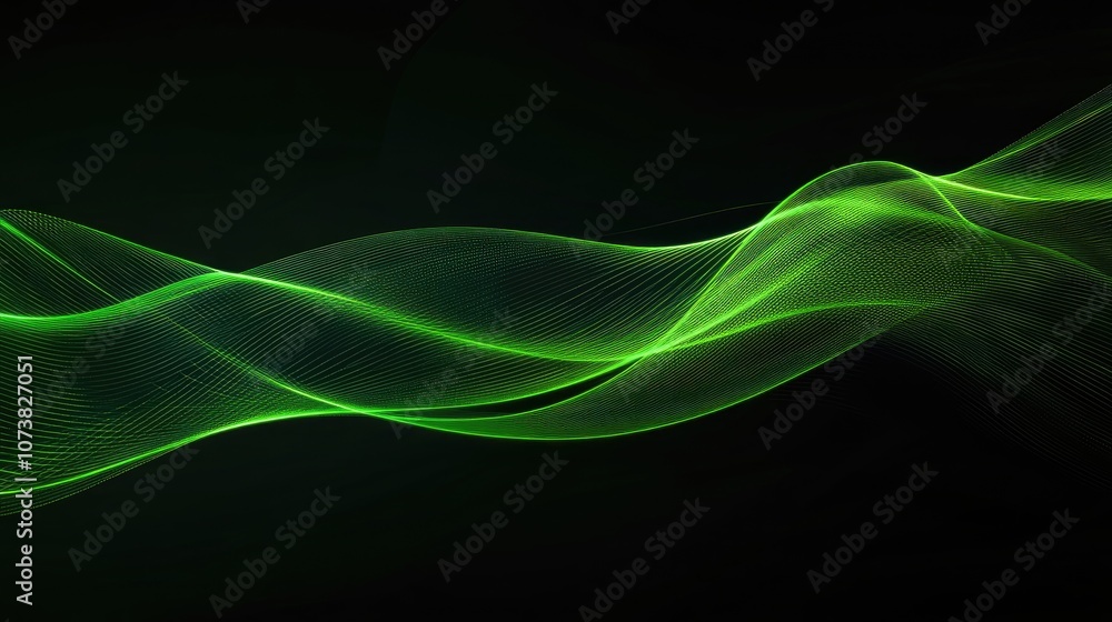 Poster glowing green neon lines on a black background creating a striking abstract design element