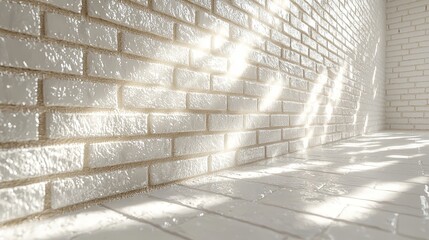A sunlit interior featuring a textured white brick wall and reflective floor.