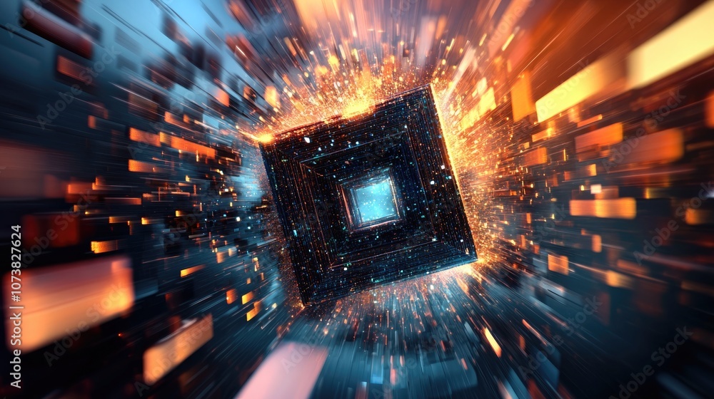 Poster an abstract city soaring through space at high velocity 3d rendering featuring a square structure wi
