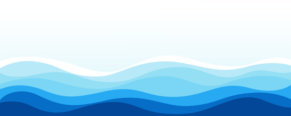Blue gradient wave layer on white background, wavy lines feeling of river, ocean or beach landscape with horizontal sky scene, abstract pattern template for cover, brochure, book, teaching.