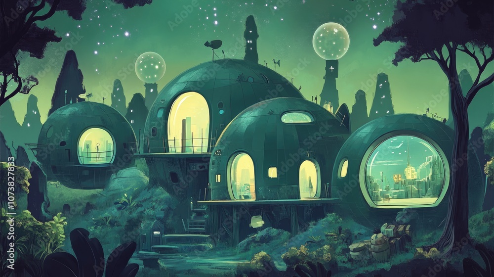 Aufkleber fantasy habitat with a circular dome design featuring abstract elements and a flat color background 
