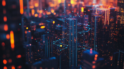 Smart digital Innovation city Business skyscrapers in the Financial District with connection network reciprocity over the cityscape. of future smart wireless digital city and social media networking