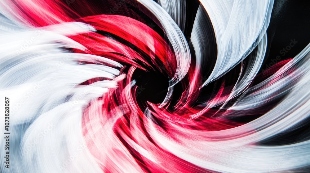 Poster abstract radial blur in red and white hues against a black backdrop featuring dynamic lines that div