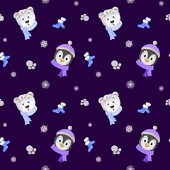 Fototapeta premium seamless winter pattern with penguins, polar bears, blue socks, snowflakes and paw prints