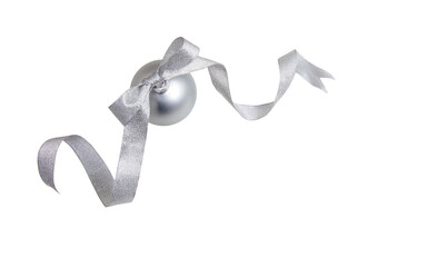 Christmas bauble with silver ribbon isolated on white, transparent. Xmas decoration, traditional...